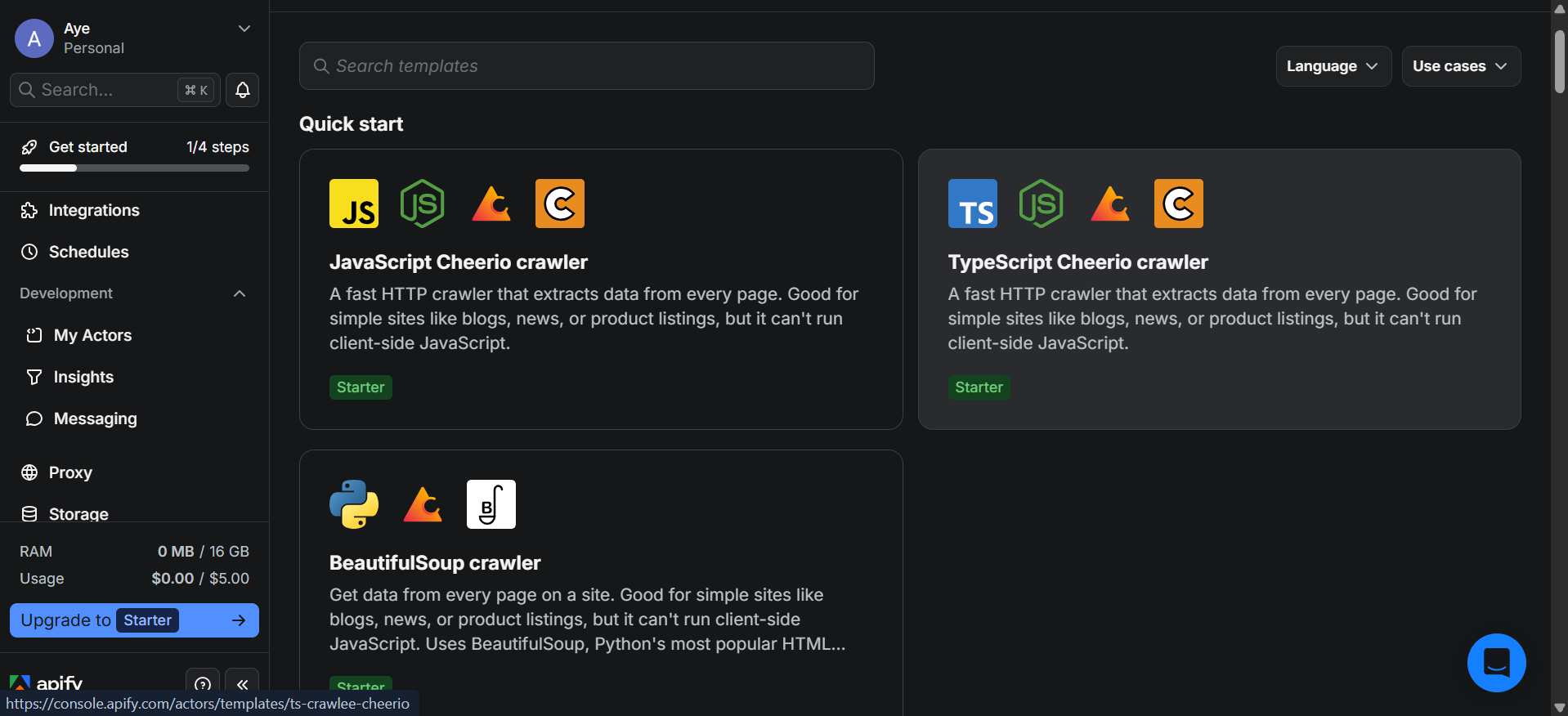 Apify Actor Store showing prebuilt scrapers for various websites.
